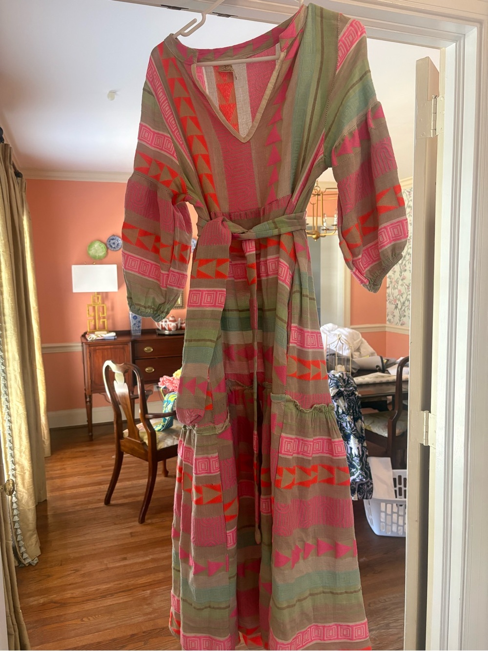 Boho V-Neck Maxi Dress in Pink & Olive with Tie Waist